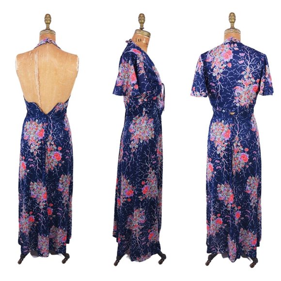 Vintage 1970s Halter Maxi Dress and Capelet Set Dark Floral Print | W 24" - Picture 5 of 5